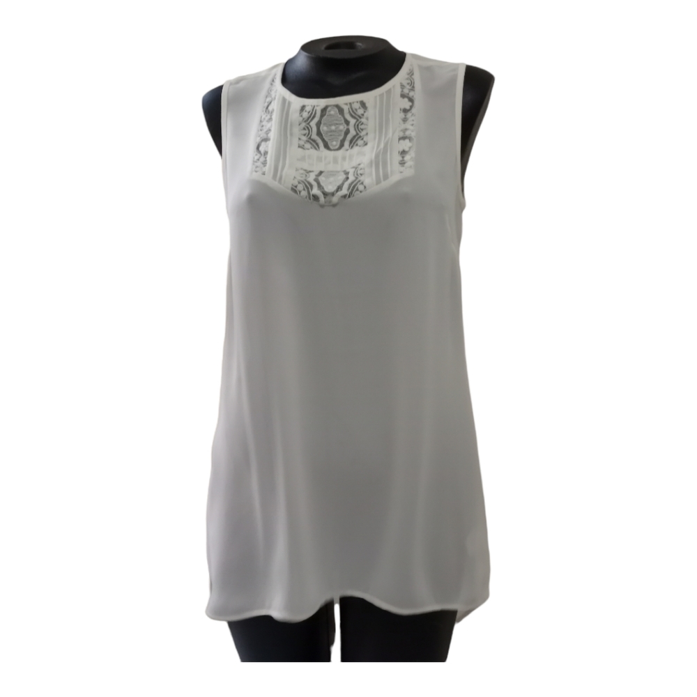 DR2 Women’s White Sheer Sleeveless Lace Yoke Blouse Sz XS - Picture 7 of 12